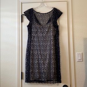 Kay Unger Navy Beaded Dress with a Silver Slip